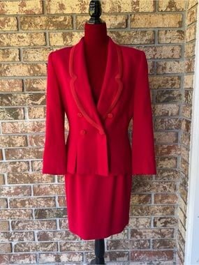 KASPER for A.S.L. Skirt Suit Size 8 Red 100% Wool Gorgeous!
